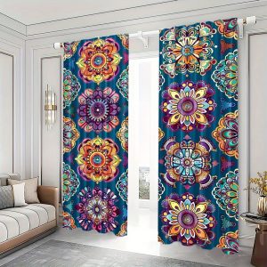 Mandala Digital Print Rod Pocket Curtains - 2pcs Set Polyester Window Drapes for Living Room, Bedroom, Study & Dining Room - Home Decor Curtain Panels, Applicable for Ages 14+