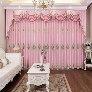 European Style High-end Living Room Embroidered Curtain, Blackout Pink Water Wave Curtain, Head Modern Bedroom Wedding Room Finished Product