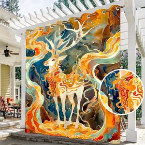 Artistic Plum Blossom Deer Pattern Outdoor Curtain - Waterproof, Sun-Blocking Fabric for Patio, Garden, and Balcony - Machine Washable with Grommets, 1pcu002F2pcs Set