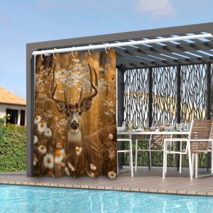 Charming Deer & Daisy Autumn Scene Outdoor Curtain - Waterproof Sunshade for Patio, Garden, and Balcony, Contemporary Style, Machine Washable, Includes Hooks, 1pcu002F2pcs Set