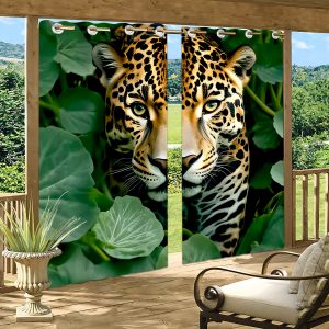 2pcs Leopard Print Outdoor Curtains with Greenery, Classic Style, Polyester, Waterproof, Sunshade Drapes for Patio, Garden, Outdoor Corridor, Terrace, with Grommets, Machine Washable