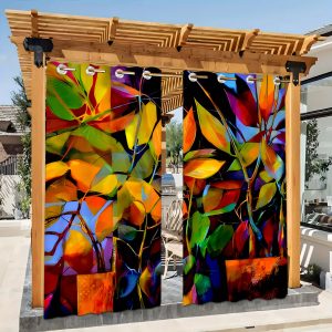 2pcs Abstract Leaf Design Outdoor Curtains, Polyester, Waterproof, Sunshade Drapes for Patio, Garden, Outdoor Corridor, Terrace, with Grommets, Classic Style, Machine Washable, Mixed Colors, All-Season Use