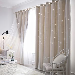 2Pcs Stars Cutout Blackout Curtains with Tulle Overlay 2 Layers Grommet Window Panels for Bedroom Living Room Decor Wall Home, Beige