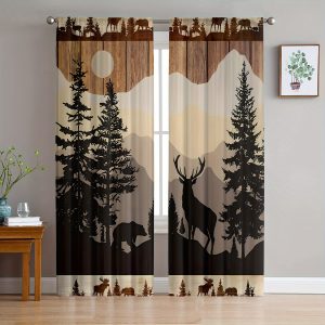 2pcs Set Vintage Farmhouse Animal Curtains - Cute Brown Bear & Deer Design, Semi-Transparent Rod Pocket Drapes for Living Room and Bedroom Decor