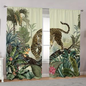 2pcs Set Leopard & Floral Print Curtains - Rod Pocket Design, Polyester, Perfect for Living Room, Bedroom, Kitchen & More - Elegant Home Decor Living Room Decor And Accessories Curtains Leopard Print Home Decor