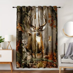 2pcs Deer Curtains-Vivid Forest Wildlife Hunting Themed Print Design-Ideal for Bedroom, Office, Kitchen & Living Room Decor