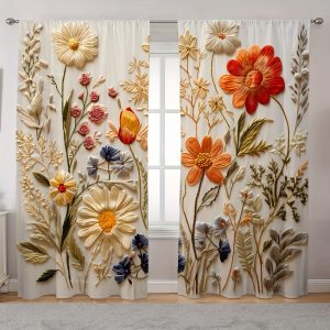 2-Piece Set 3D Floral Print Window Curtains, Classic Peach Skin Velvet Semi-Sheer Rod Pocket Drapes, Polyester Hand Washable Panels for Living Room, Bedroom & Various Rooms, Home Decor - 120-140GSM