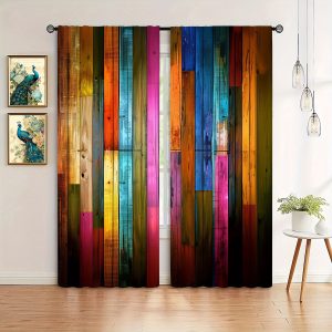 2pcs Rainbow Wooden Board Printed Curtain For Home Decor - Rod Pocket Window Treatment For Bedroom, Office, Kitchen, Living Room, And Study