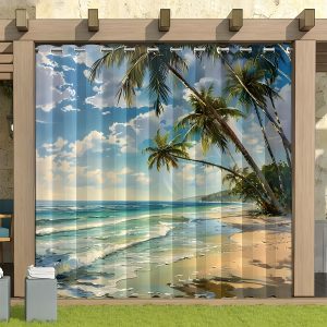 1PC Classic Outdoor Beach Palm Tree Curtain - Waterproof, Sun Shade, Rod Pocket, 150cmu002F59inch, 210cmu002F82inch, 264cmu002F103inch, Suitable for Patio, Garden, and Balcony Decor