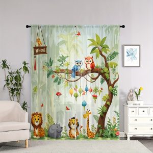 2pcs Set HD Digital Green Zoo & Forest Print Curtains - Rod Pocket Design for Easy Hanging, Machine Washable Polyester Sheer Drapes for Living Room, Bedroom, and Study Decor