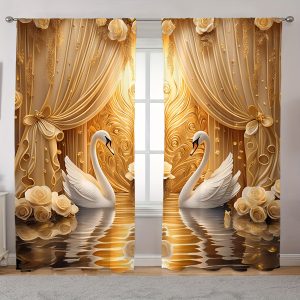 2pcs Classic Swan and Floral Print Semi-Sheer Curtains - Hand Washable Peach Skin Velvet Polyester Drapes, Hookless Rod Pocket Hanging for Bedroom and Various Rooms, Artistic Elegance Design, 120-140g