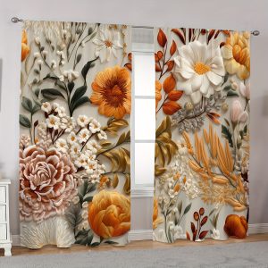 2 Pieces Classic Digital Floral Printed Curtains with Pole Style Pocket Holder - Suitable for Living Room, Cloakroom, Kitchen, Bedroom, Study, Dining Room, Home Decoration