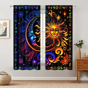 2PCS Abstract Sun Moon Pattern Curtains, Rod Pocket Fantasy Style Decorative Curtain Printed Light Filtering Curtains For Kitchen Living Room Office Bedroom Home Decoration