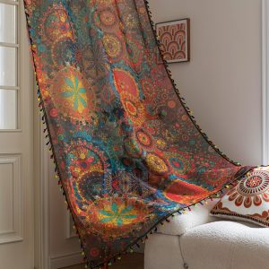 Bohemian Style Room Darkening Curtain Panels - Boho Chic Multi-Color Mandala Print with Tassels, Privacy Protecting Sheer Drapes for Bedroom, Living Room, Dining, Party, Game Room Decor - Set of 2, Machine Washable, Woven Polyester, Rod Pocket