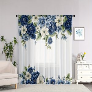 2pcs Set Blue Floral Sheer Curtains - Rod Pocket Design for Easy Hanging, Machine Washable Polyester Drapes for Living Room & Bedroom Decor