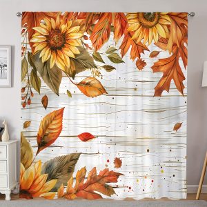 2-Pack Classic Hand Washable Autumn Pumpkin Sunflower Maple Leaves Printed Polyester Curtains, Rod Pocket Design, Semi-Sheer Peach Skin Velvet Weave for Living Room Bedroom Dining Home Decor