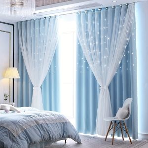 2Pcs Stars Cutout Blackout Curtains with Tulle Overlay 2 Layers Grommet Window Panels for Bedroom Living Room Decor Wall Home, Blue