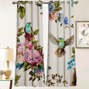 Floral Curtains Blackout Birds Flowers Printed Vintage Window Panels Room Darkening Farmhouse Country Style Curtain Drapes With Grommet For Living Room Bedroom, 2 Panels