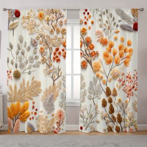 2pcs Set Floral & Leaf Print Curtains - Rod Pocket Design, Polyester, Perfect for Living Room, Bedroom, Kitchen & More - Elegant Home Decor