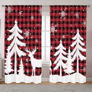 2panels Red Grid Christmas Elk Printed Curtain, Rod Pocket Blackout Curtain Sunshade Window Treatment For Bedroom Office Kitchen Living Room Study Home Decor