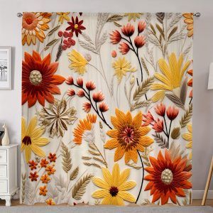 2-Piece Classic Style Floral Printed Semi-Sheer Curtain Panels, Peach Skin Velvet Polyester Fabric, Hand Washable, Hookless Rod Pocket Drapes for Living Room, Bedroom & More - Plant Leaves & Flowers Design